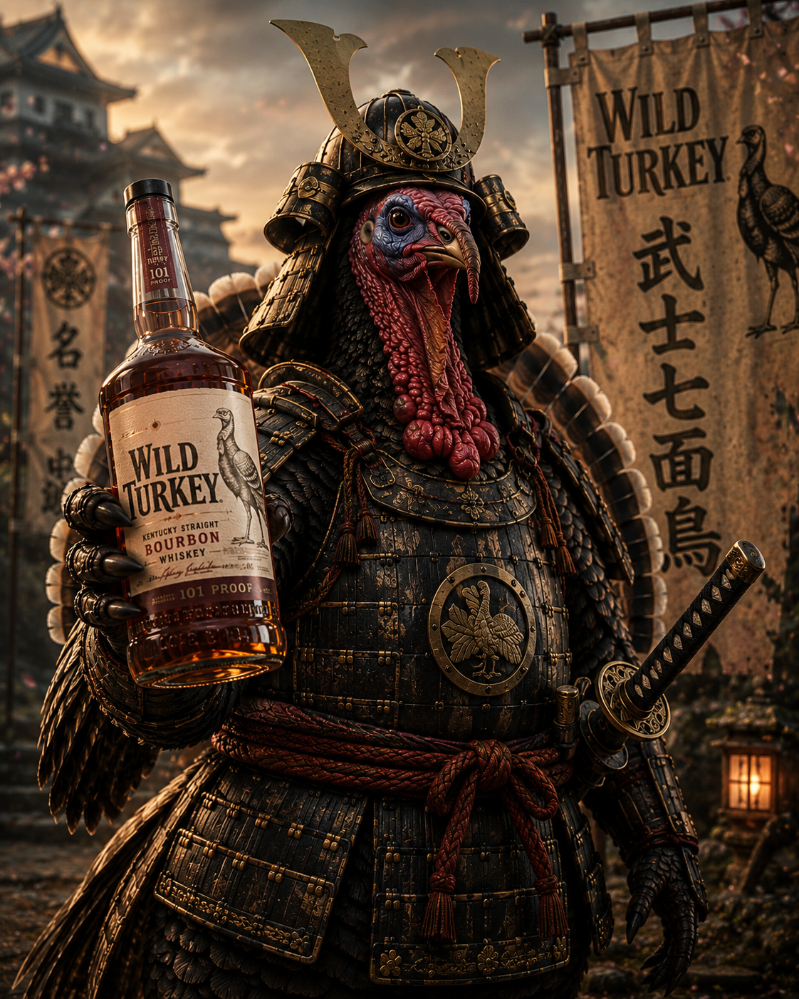 A Wild Turkey samurai stands in a Japanese courtyard at dusk, katana at its side and a bottle of Wild Turkey 101 in claw.