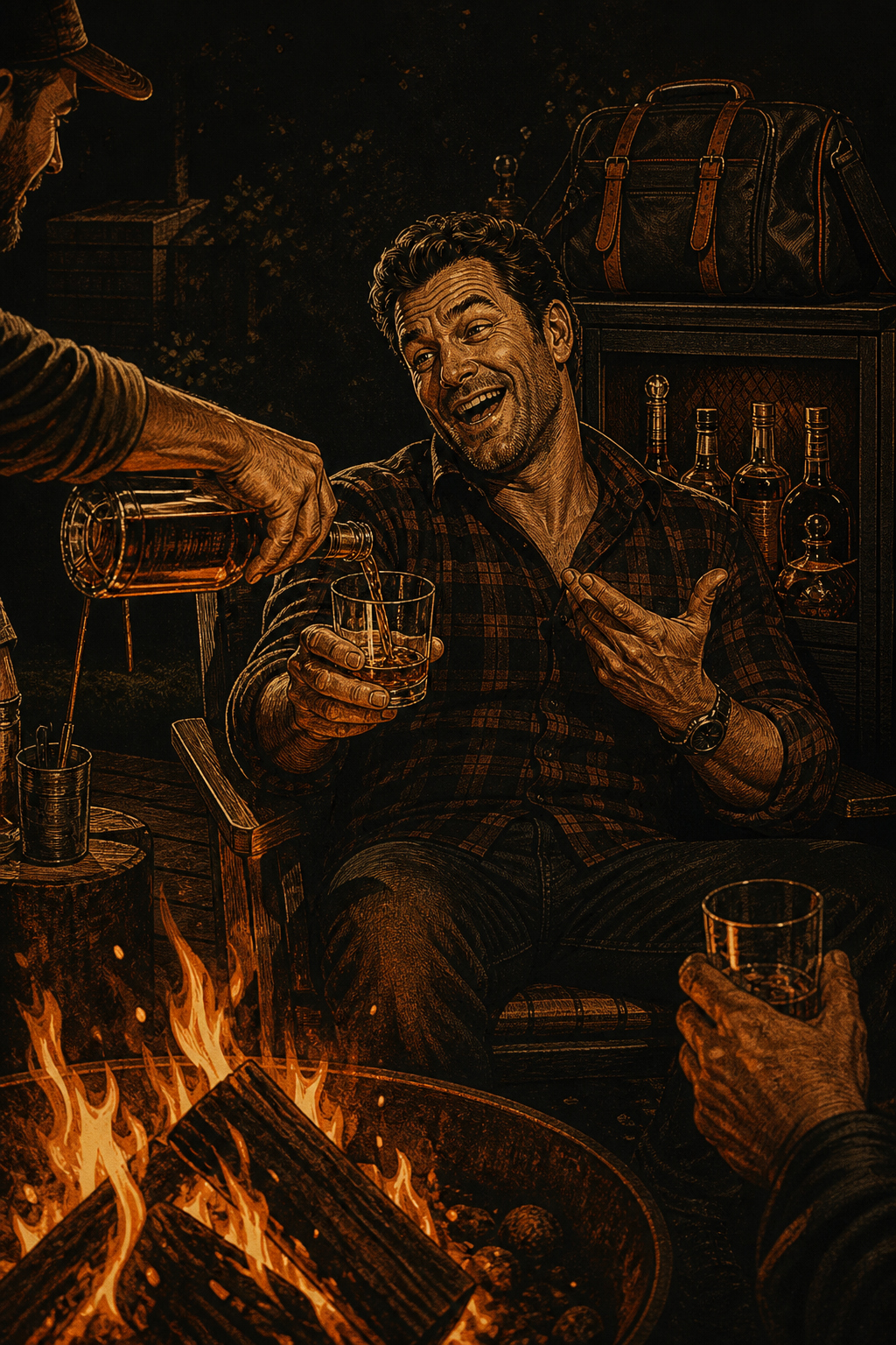 Illustration of The Mooch taking a pour while his own bottles stay sealed.